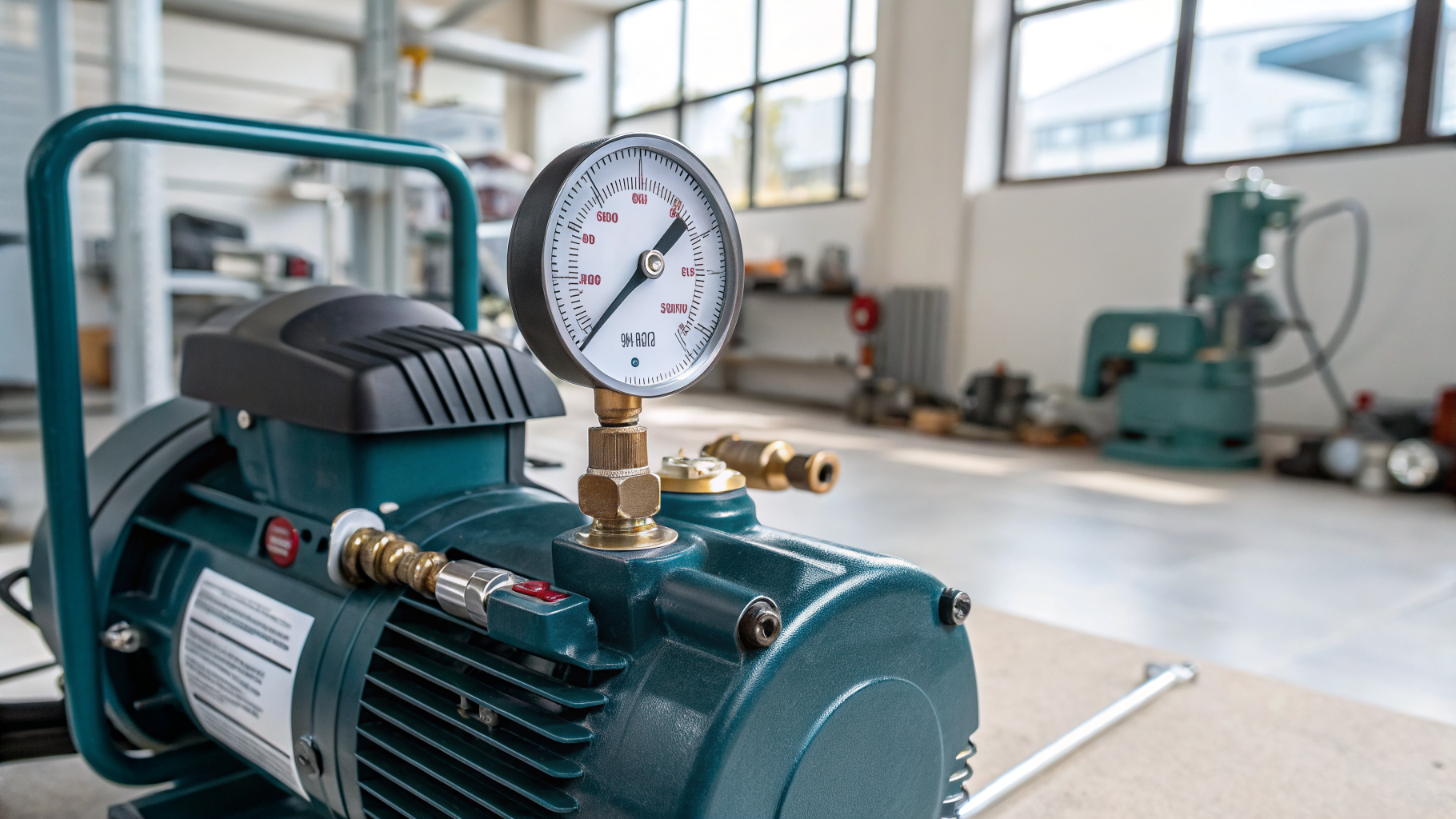 Professional air compressor pump and pressure gauge in a workshop